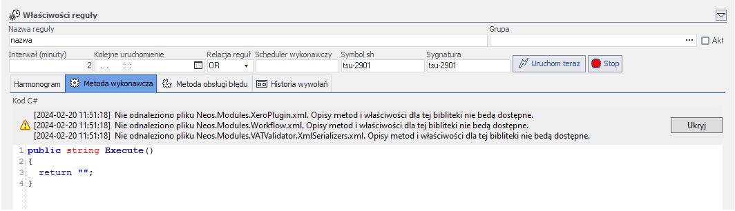 Okno definiowania reguł